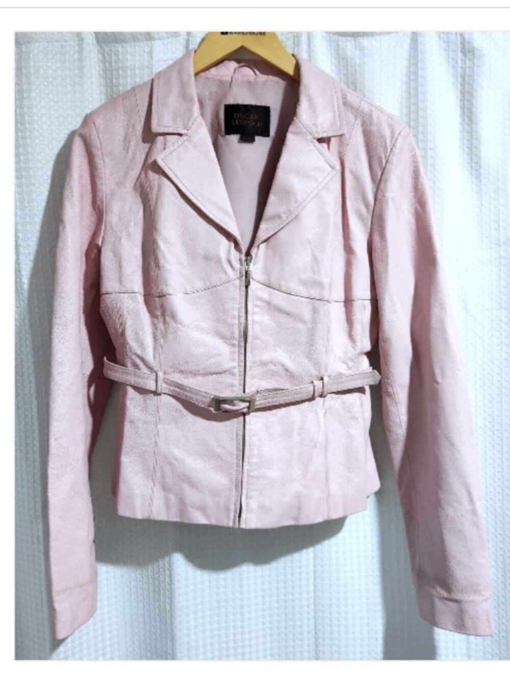 Pink Leather Jacket Womens XXL Belted Zip Short Moto Blazer Oscar Leopold